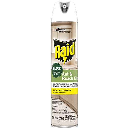 Raid lemongrass and geraniol formula label on spray bottle.