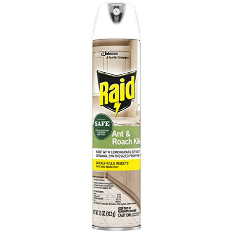 Raid lemongrass and geraniol formula label on spray bottle.