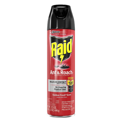 Raid spray action on a surface indicating residual protection for weeks.