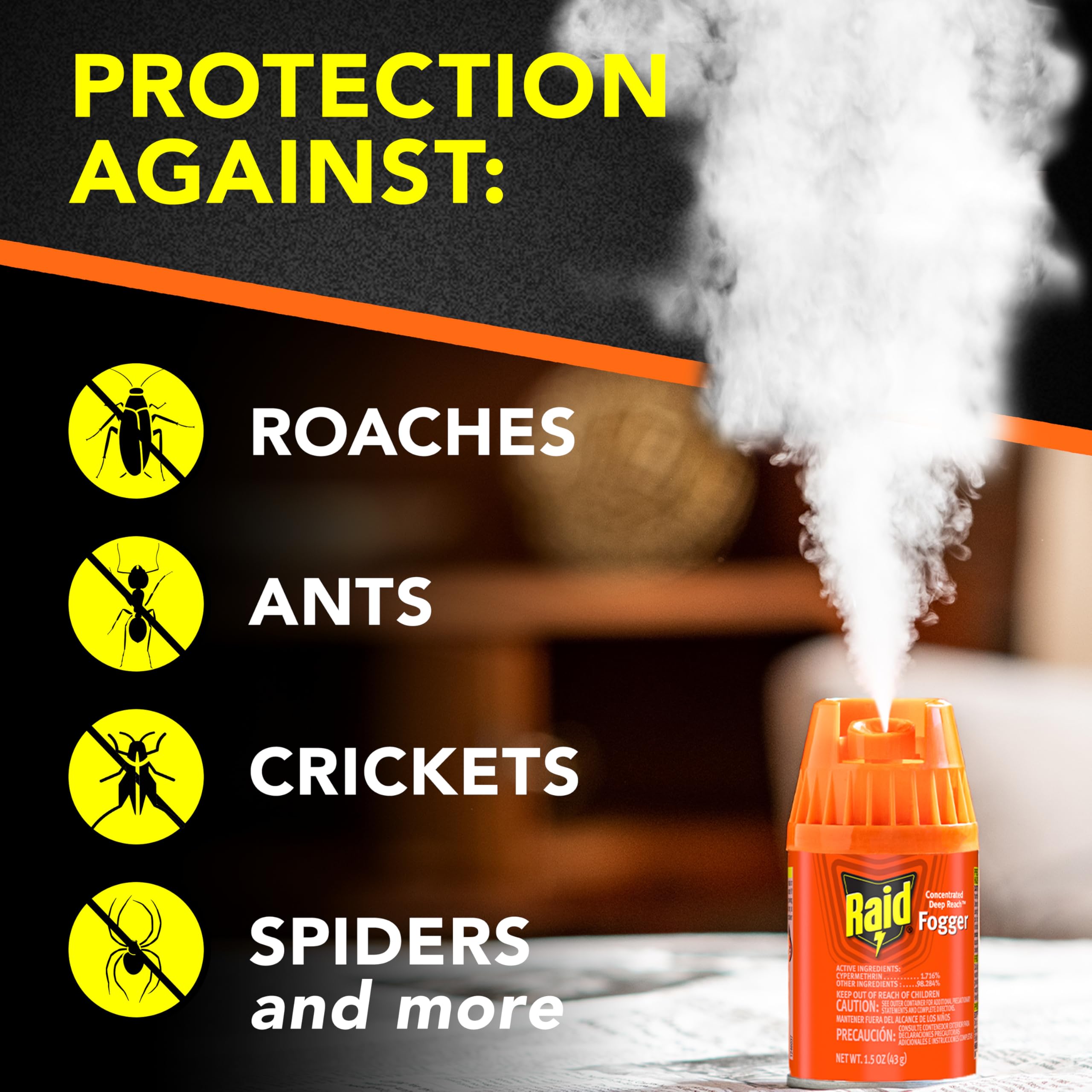 Raid Deep Reach Fogger emits penetrating fog to reach hidden roaches.
