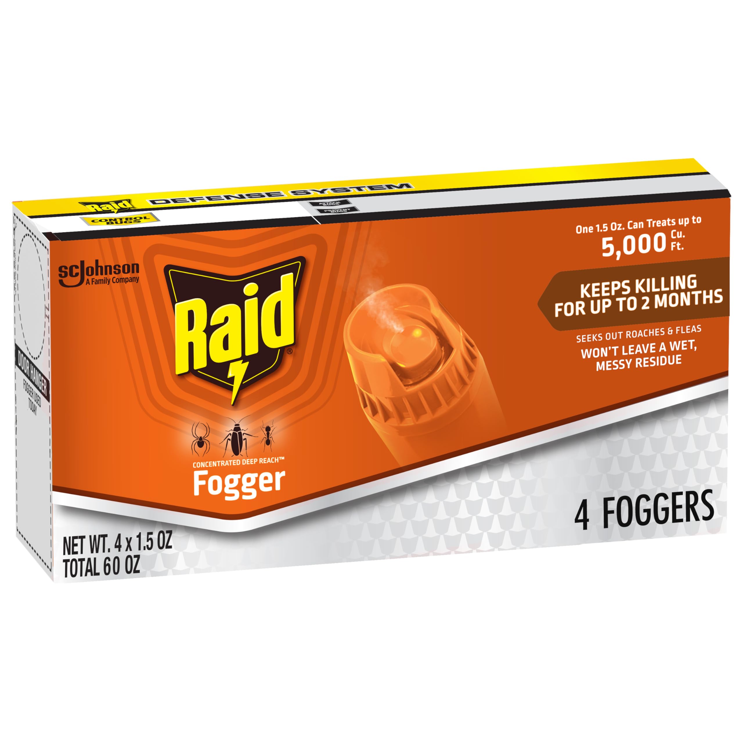 Raid Concentrated Deep Reach Fogger provides comprehensive room coverage for roaches and other pests.