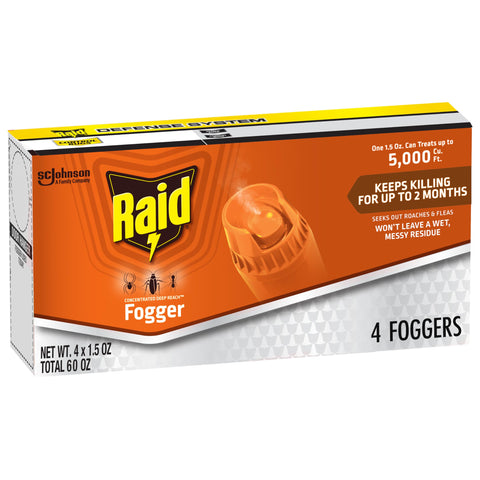 Raid Concentrated Deep Reach Fogger provides comprehensive room coverage for roaches and other pests.