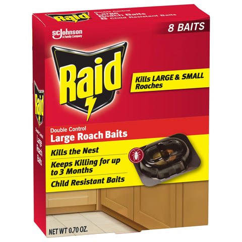 Raid Double Control bait-station 8-count package demonstrates easy indoor roach control setup