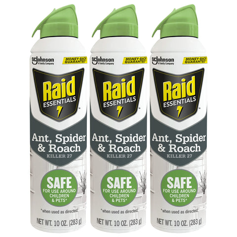 Raid Essentials ant killer aerosol targets ants quickly, ideal for kitchens and entryways.
