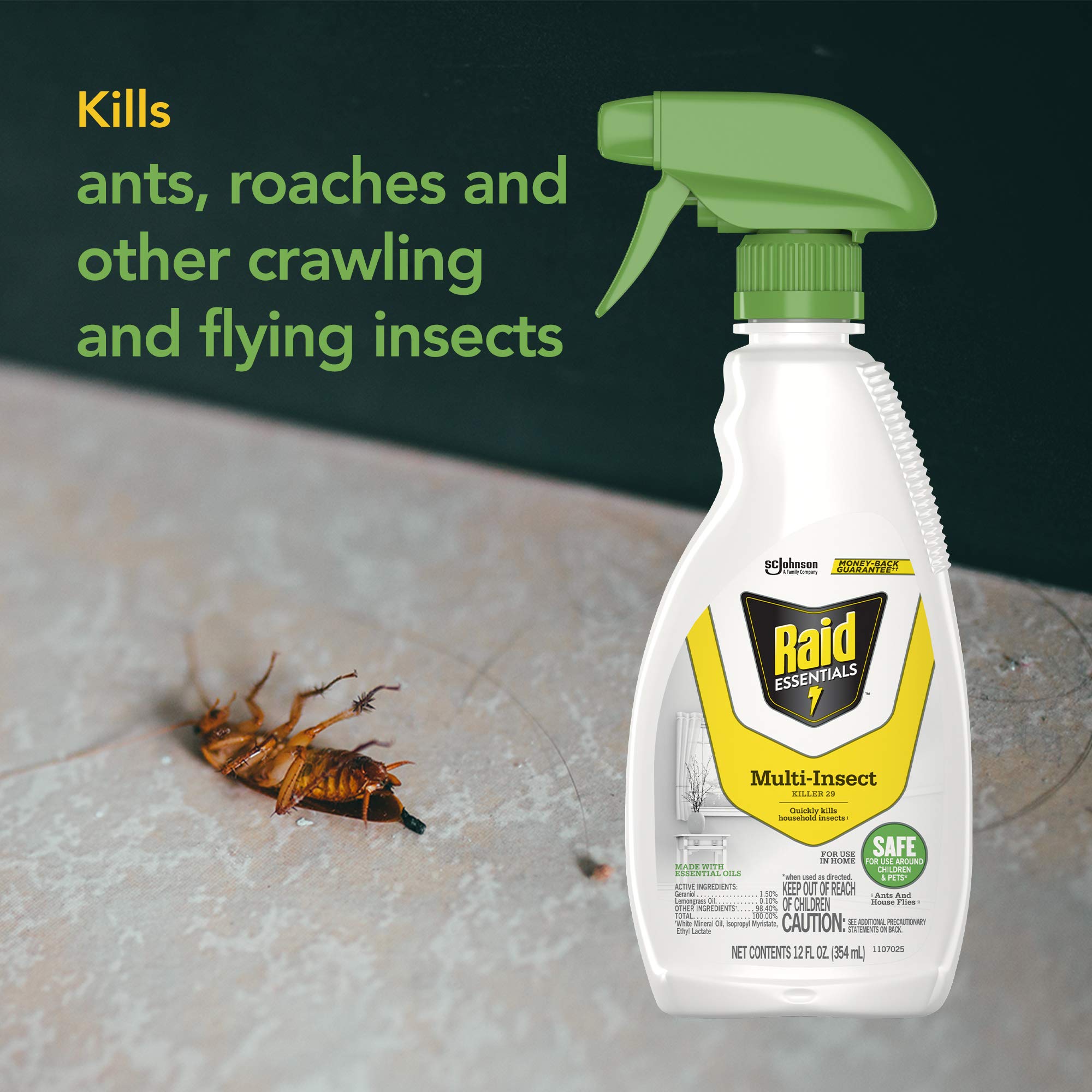 Raid Essentials targets ants, roaches, spiders, and other insects in living spaces.