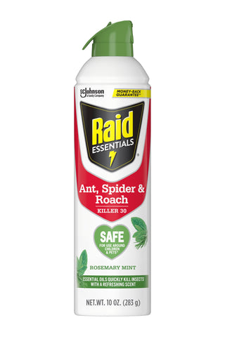 Raid Essentials aerosol can used indoors to kill ants, spiders, and roaches quickly