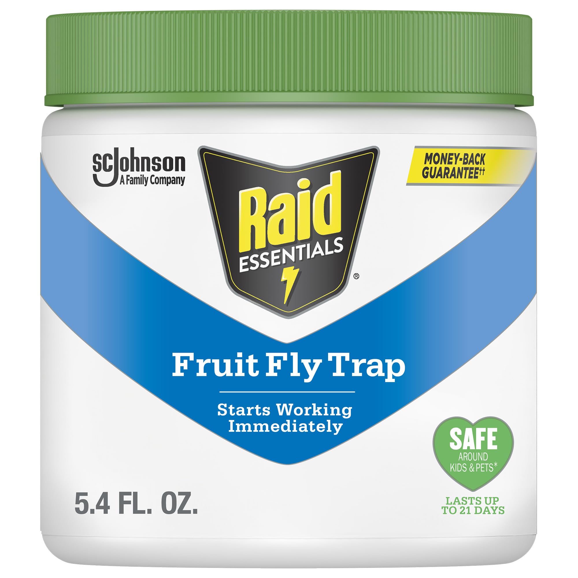 Raid Essentials fruit fly trap bottle front for compact indoor protection.