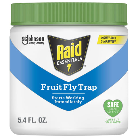 Raid Essentials fruit fly trap bottle front for compact indoor protection.