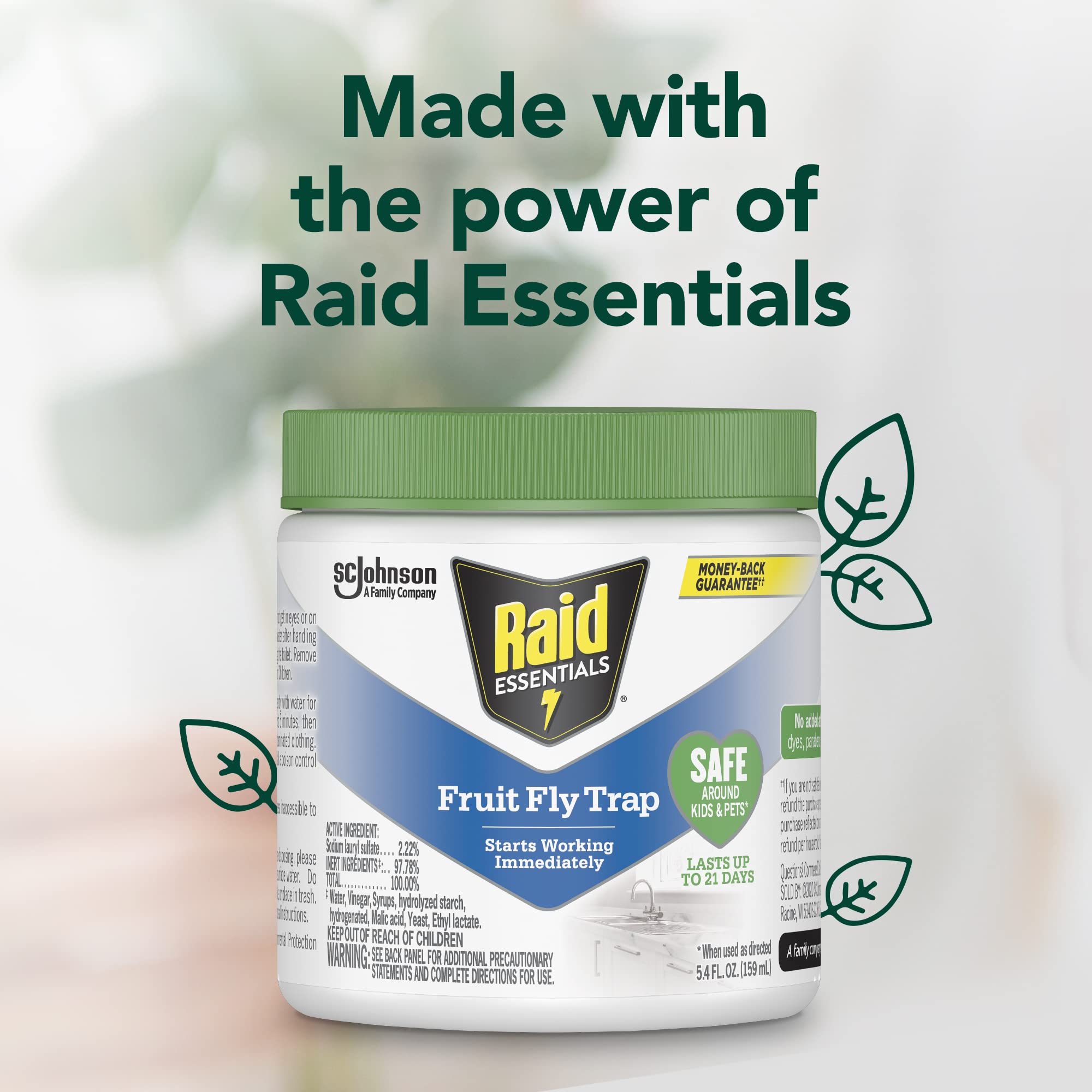 Raid Essentials fruit fly trap highlights essential oils in plant-based formula.