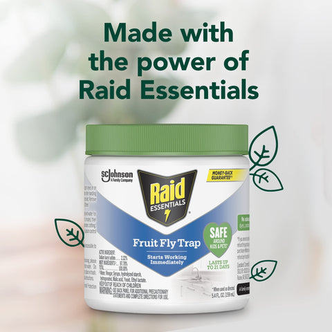 Raid Essentials fruit fly trap highlights essential oils in plant-based formula.