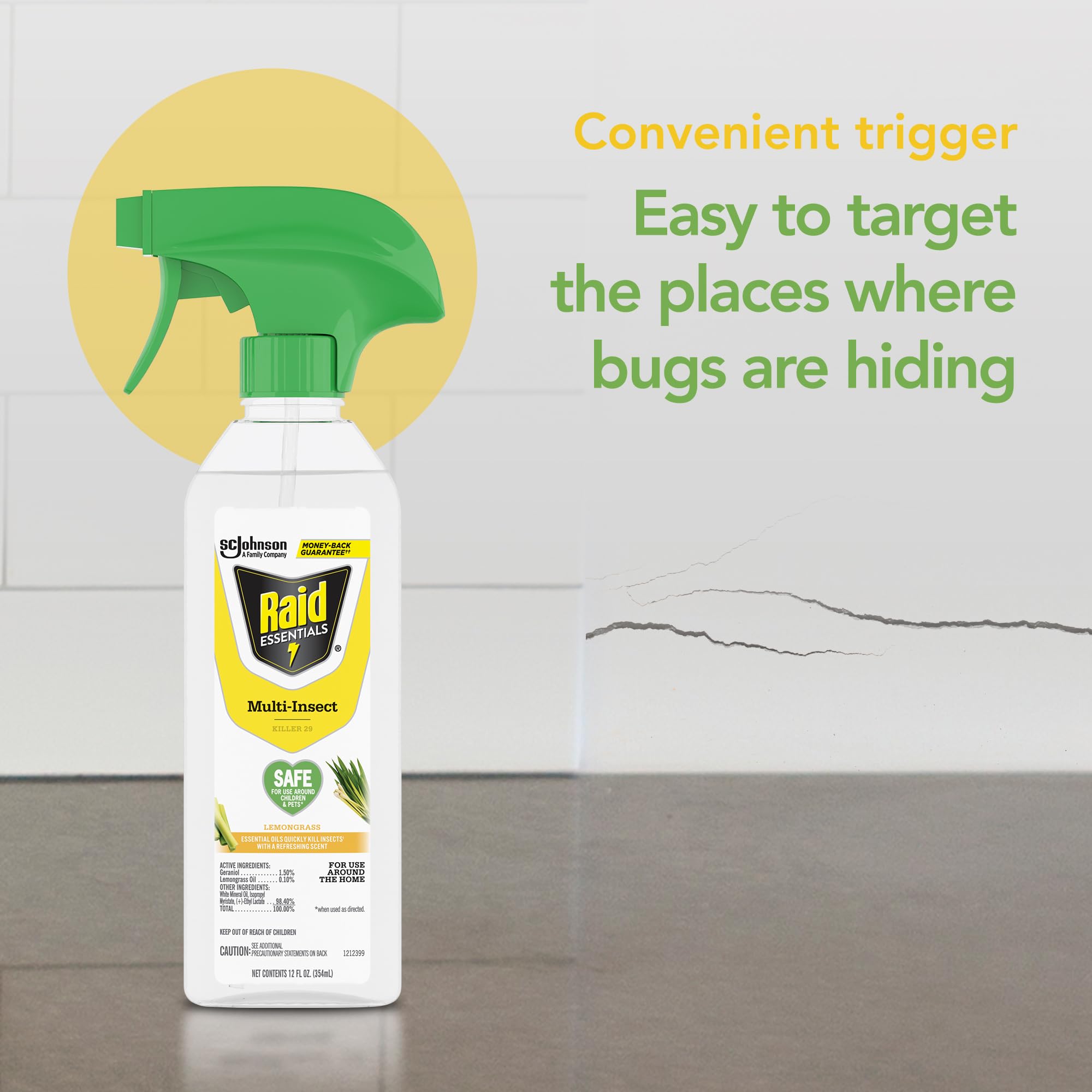 Raid Essentials lemongrass fragrance visual conveys fresh scent during use.