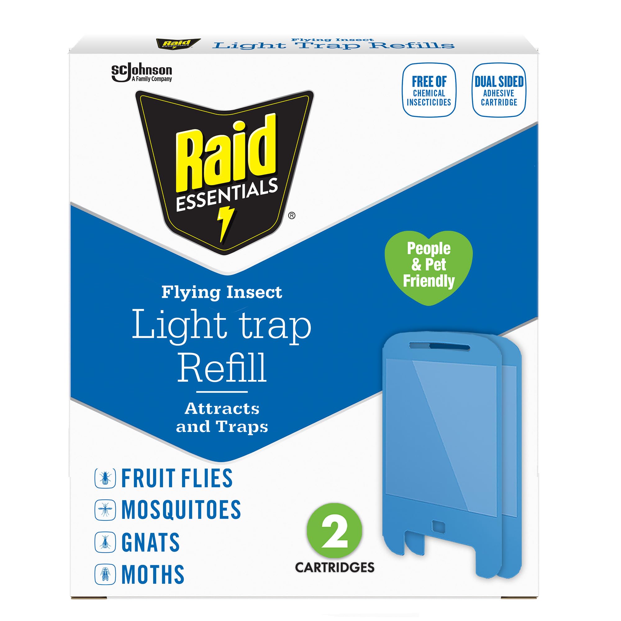 Raid Essentials light-trap refill two-cartridge set for continuous insect capture.