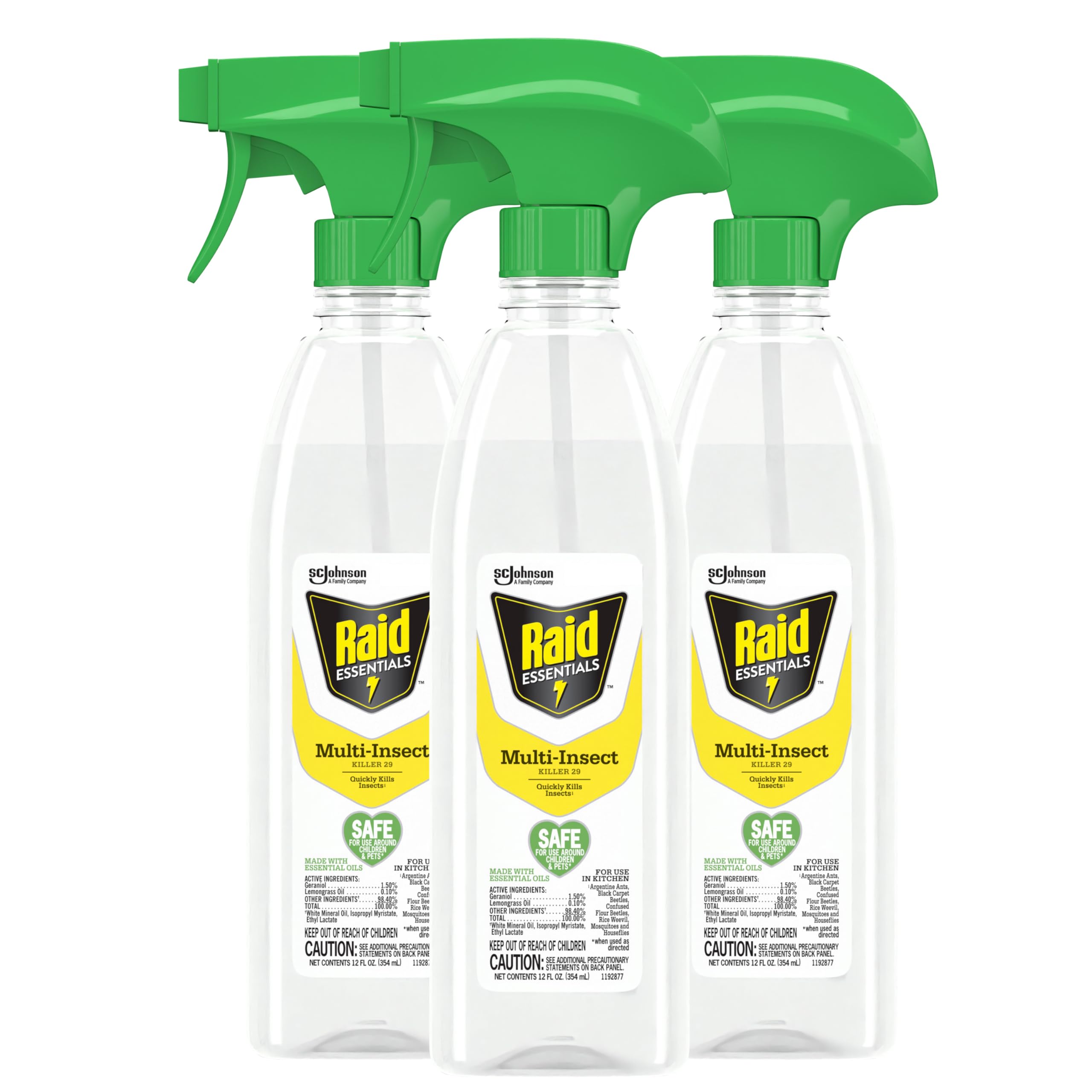 Raid Essentials multi-insect killer spray bottle for indoor use with plant-based ingredients.