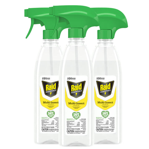 Raid Essentials multi-insect killer spray bottle for indoor use with plant-based ingredients.