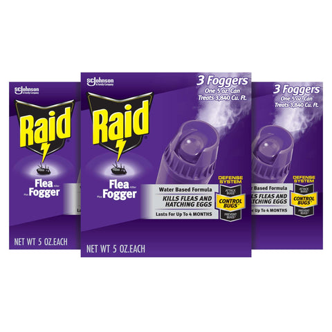 Raid Flea Fogger Plus three-pack cans for wide room coverage against fleas.