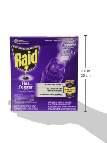 Fogger mist from Raid Fogger Plus reaches carpeted areas for flea control.