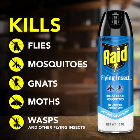 Raid Flying Insect Killer label closeup with usage guidance