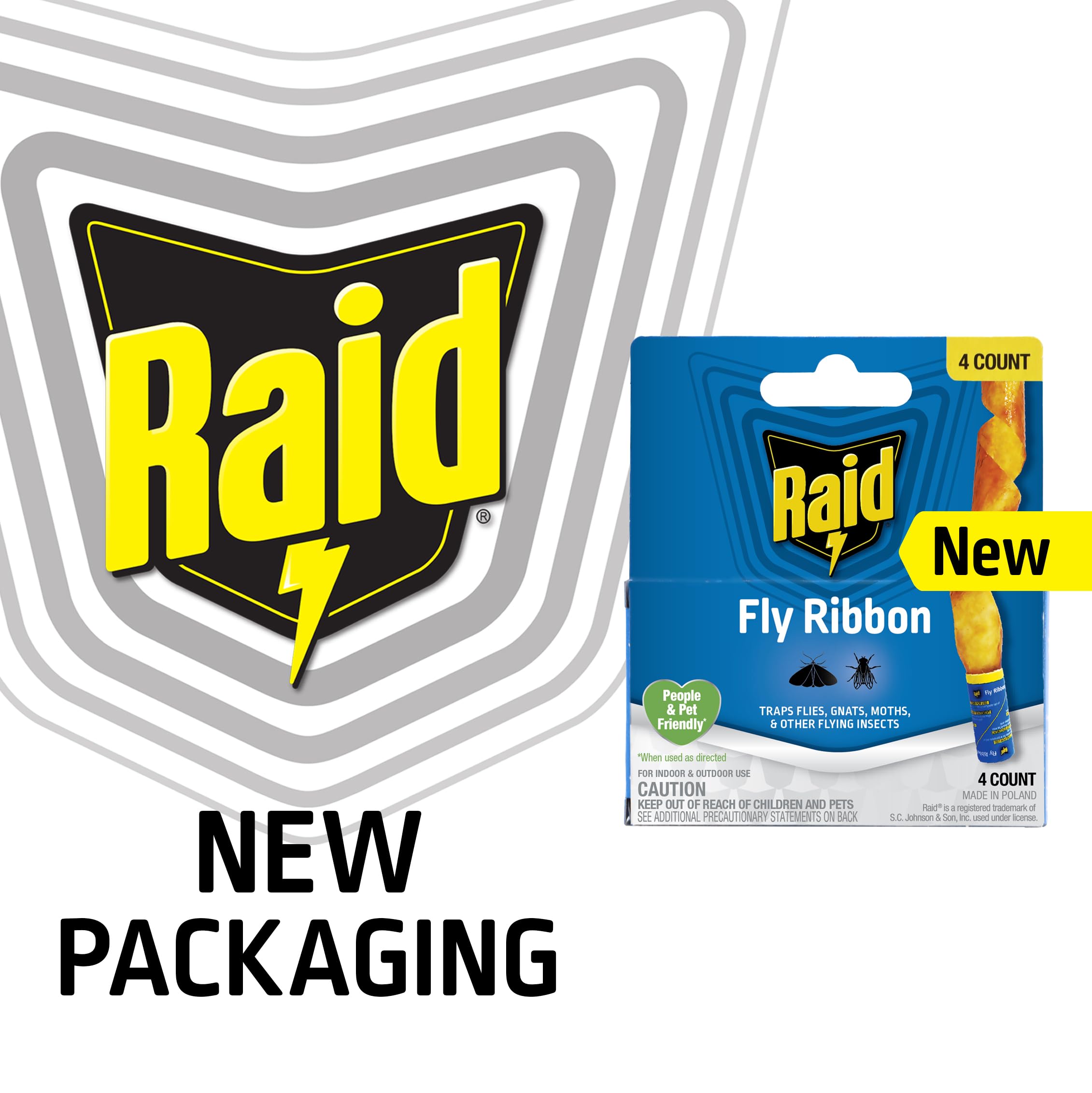 Raid FR3-RAID fly catcher ribbon closeup shows sticky adhesive strips catching insects.