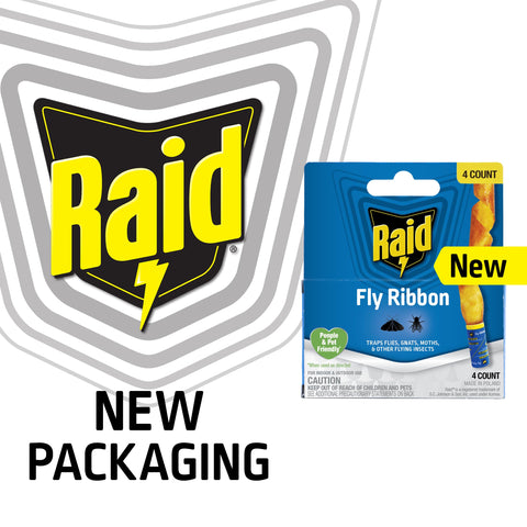 Raid FR3-RAID fly catcher ribbon closeup shows sticky adhesive strips catching insects.
