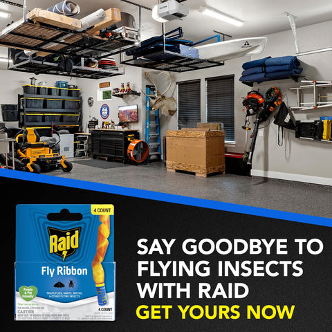 Raid FR3-RAID fly catcher ribbon garage placement helps manage seasonal pests.