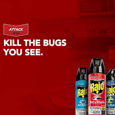 Raid fresh-scent spray on a desk area illustrating odor-free finish.