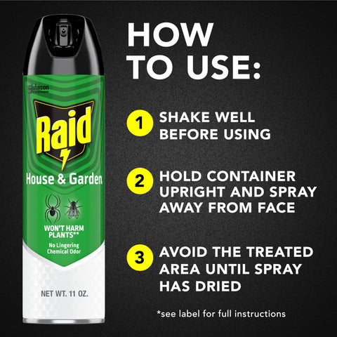 Raid House & Garden Bug Killer icon highlights a broad pest list.