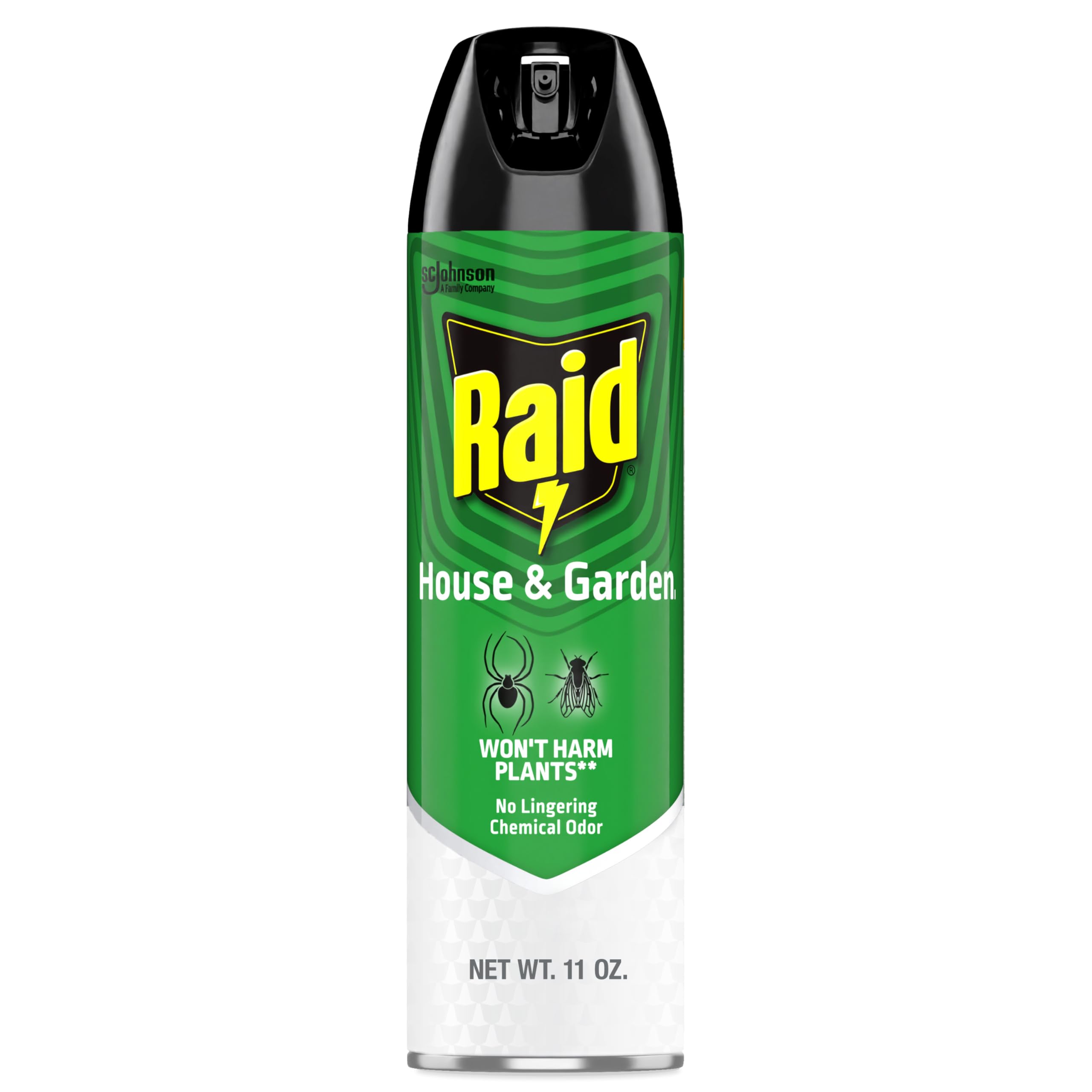 Raid House and Garden spray bottle front view showing easy on contact bug control.