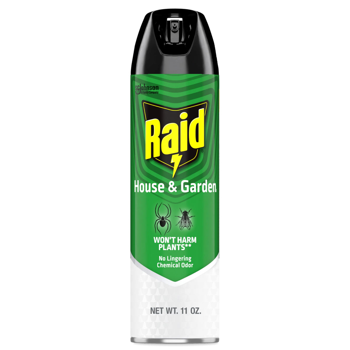 Raid House and Garden spray bottle front view showing easy on contact bug control.