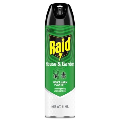 Raid House and Garden spray bottle front view showing easy on contact bug control.
