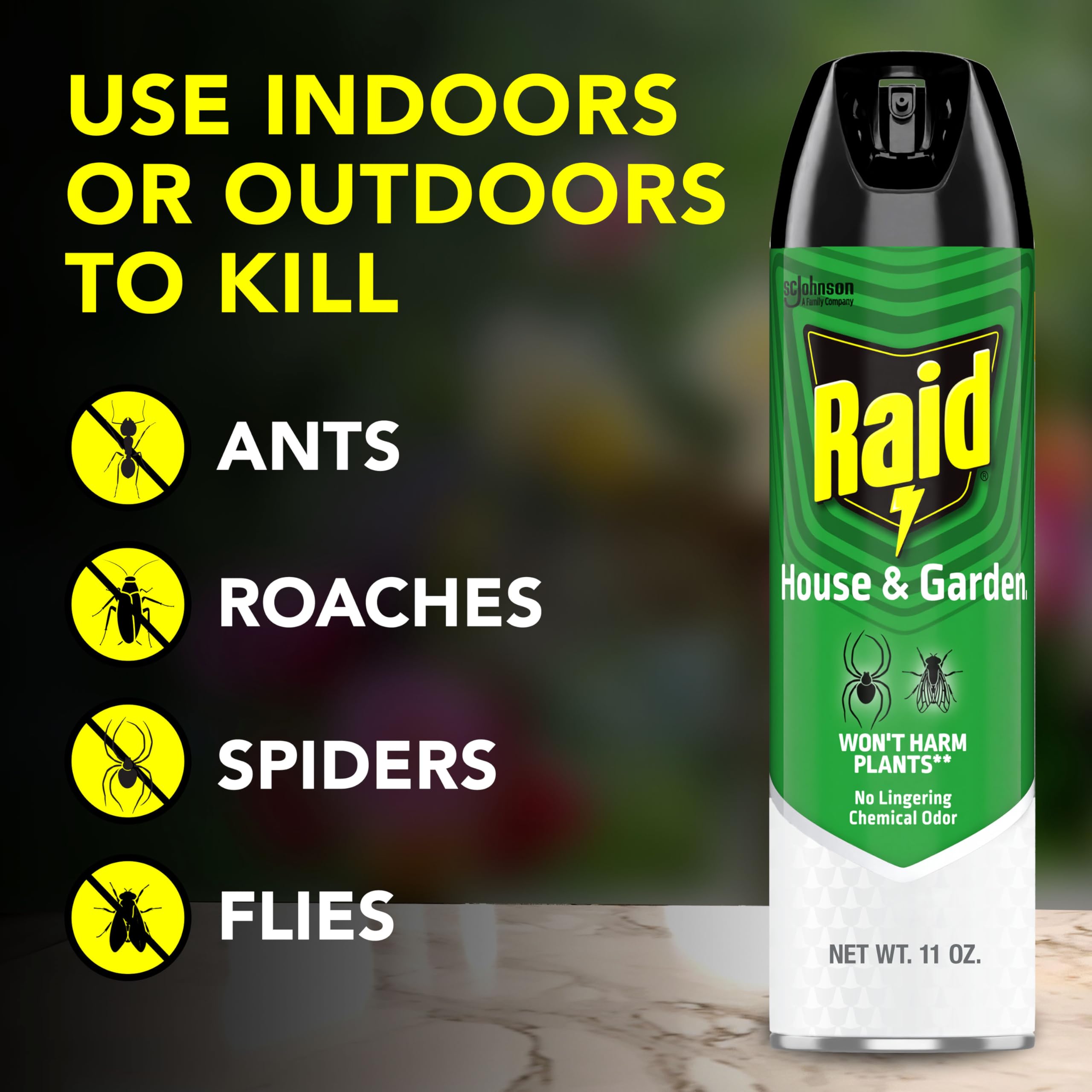 Raid House and Garden spray on plant surface, safe for plants while targeting pests.