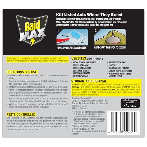 Raid Max ant-bait controls colony by distributing bait within the habitat.
