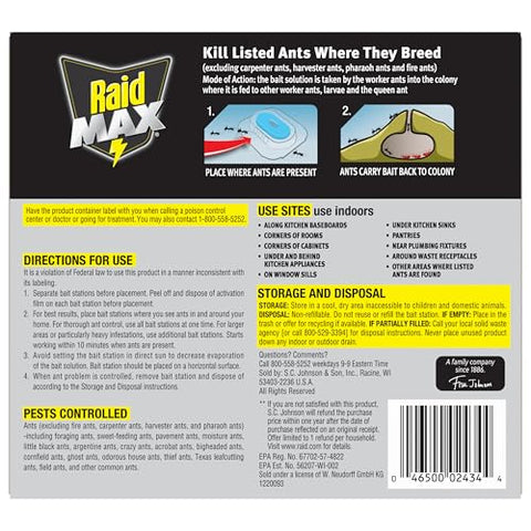 Raid Max ant-bait controls colony by distributing bait within the habitat.