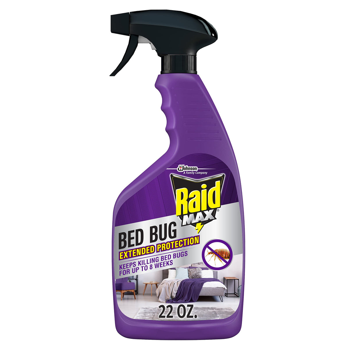 Raid Max Bed Bug Extended Protection bottle showing eight-week laminated wood protection
