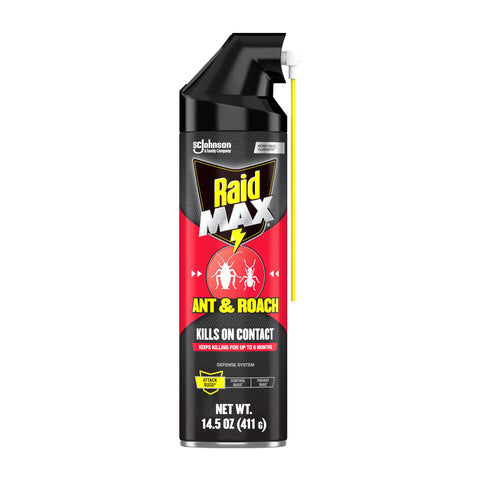 Raid Max Ant & Roach Spray bottle front shows the 14.5 oz can for quick control