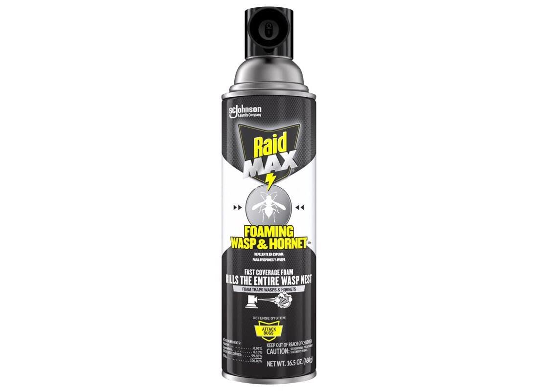 Raid Max foaming wasp killer foam covers a nest for fast outdoor control.