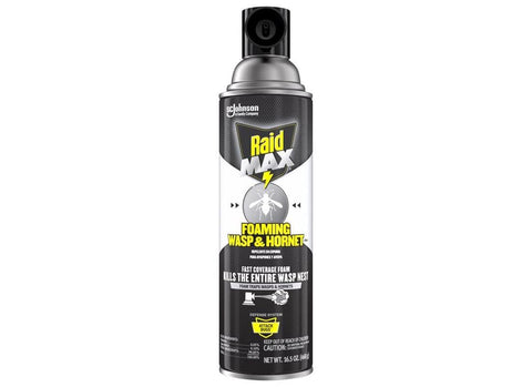 Raid Max foaming wasp killer foam covers a nest for fast outdoor control.
