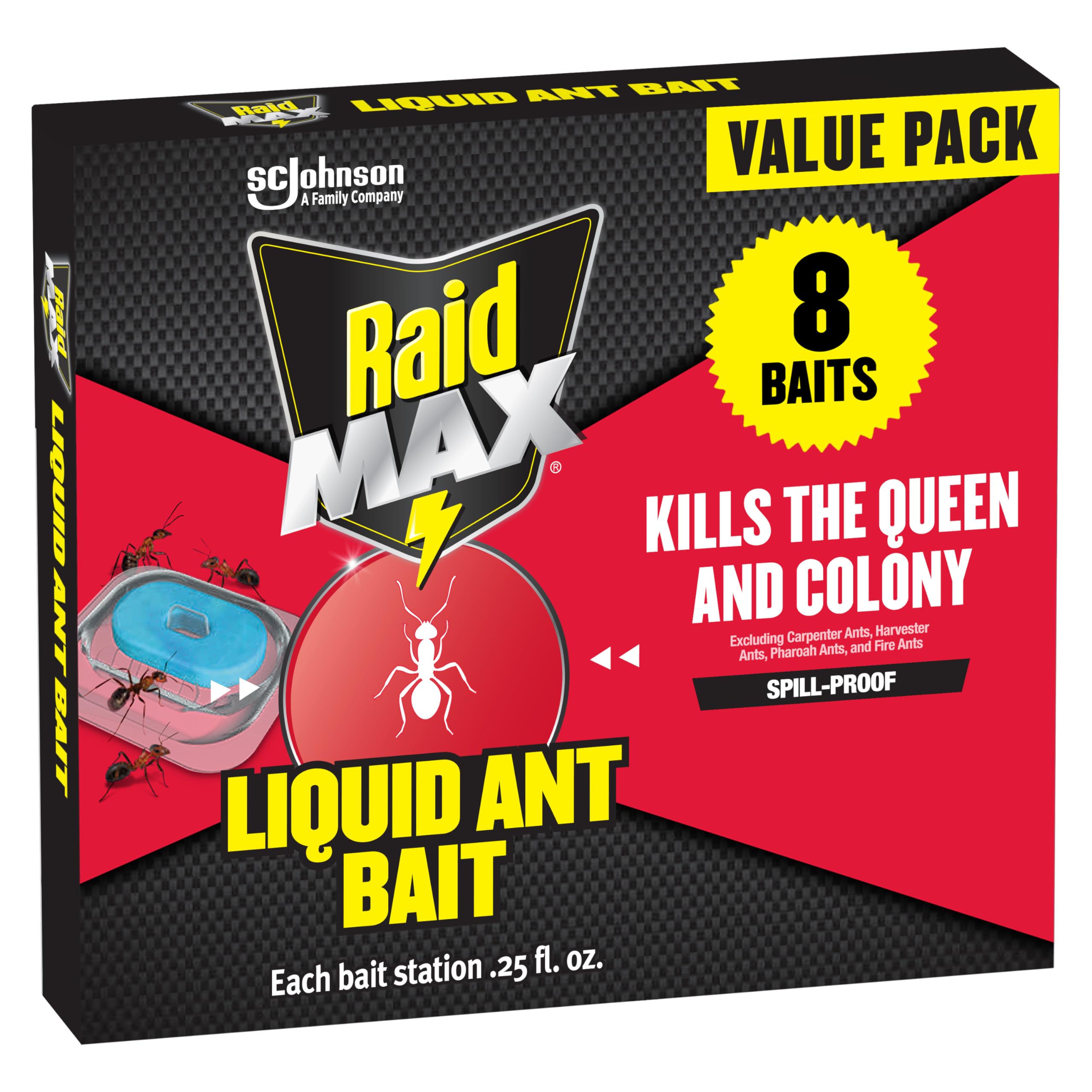 Raid Max Liquid Ant Bait bottle sits ready to attract and kill ants at the source.