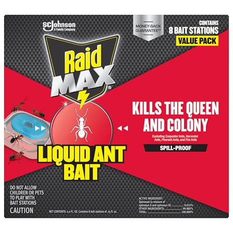 Raid Max Liquid Ant Bait station outside supports outdoor ant control.