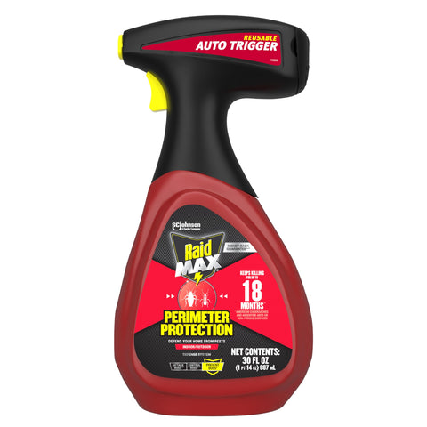Raid Max Perimeter Protection bottle closeup highlights long-lasting pest defense for home