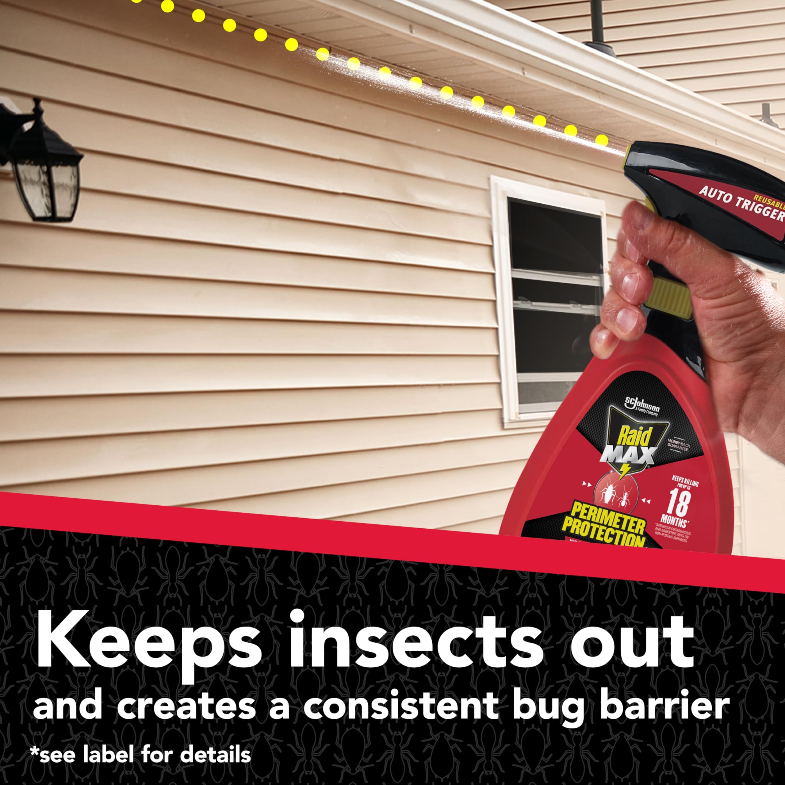 Raid Max Perimeter Protection odorless spray application detail.