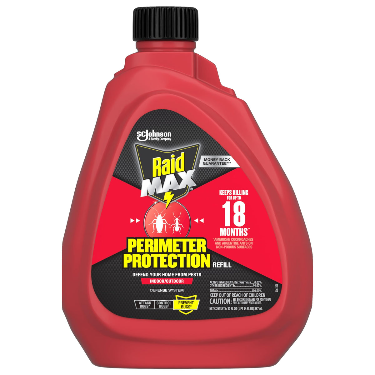 Raid Max Perimeter Protection refill bottle front for large-area home pest control.