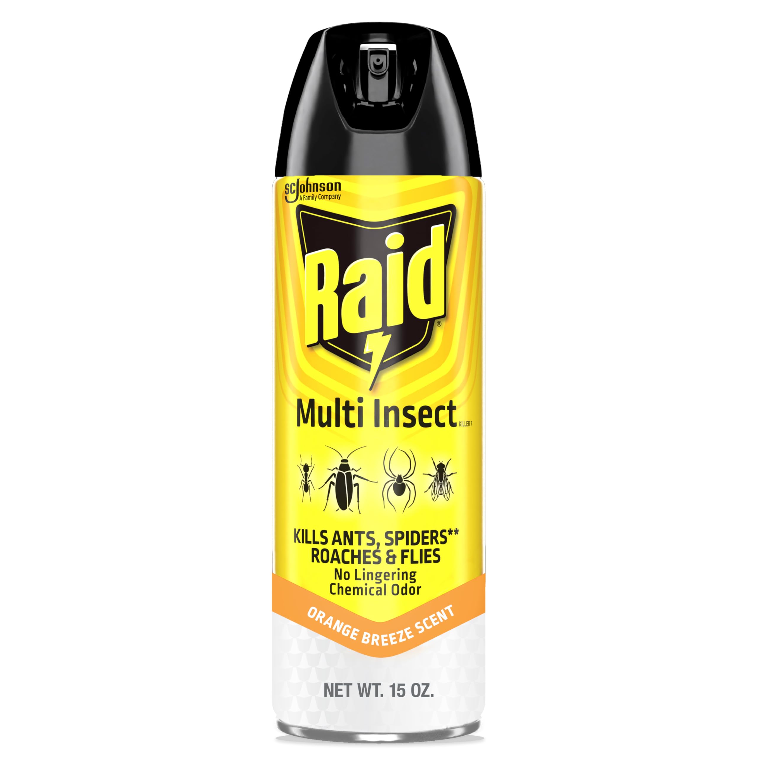 Raid Multi Insect Killer orange breeze 15oz bottle ready for fast indoor-outdoor use.