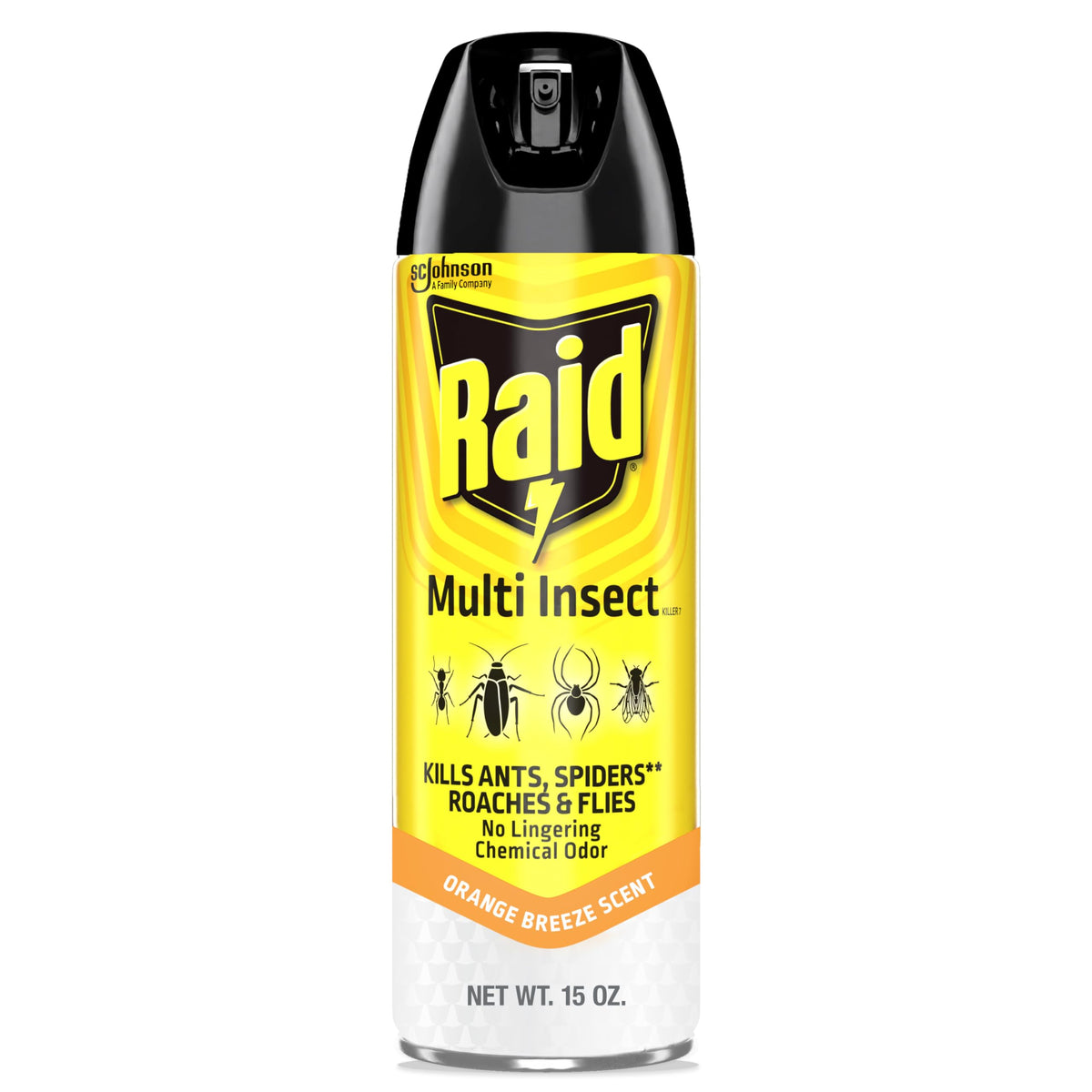Raid Multi Insect Killer orange breeze 15oz bottle ready for fast indoor-outdoor use.