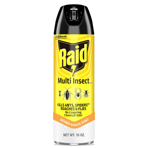 Raid Multi Insect Killer orange breeze 15oz bottle ready for fast indoor-outdoor use.