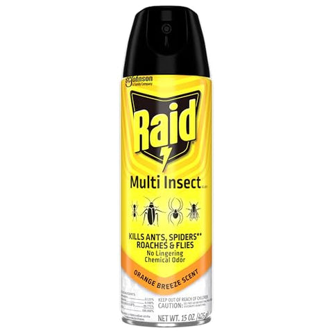 Raid Multi Insect Killer orange breeze scent leaves no lingering odor.
