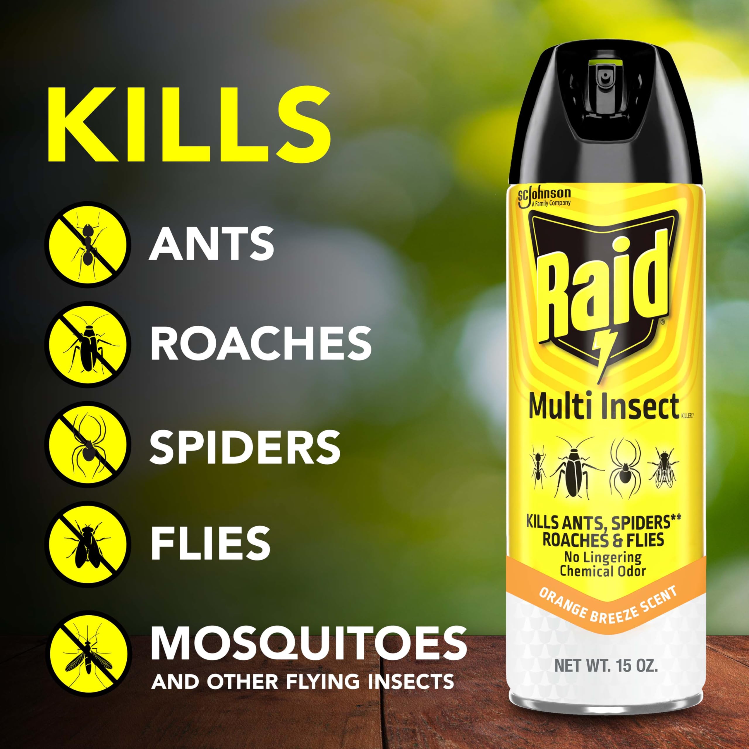 Raid Multi Insect Killer spray-action demonstrates rapid contact kill.
