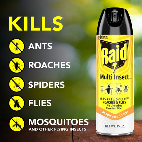 Raid Multi Insect Killer spray-action demonstrates rapid contact kill.