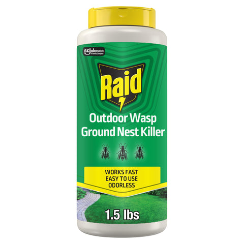 Raid Outdoor Ground Wasp Nest Killer shaker can labeled for quick outdoor control.