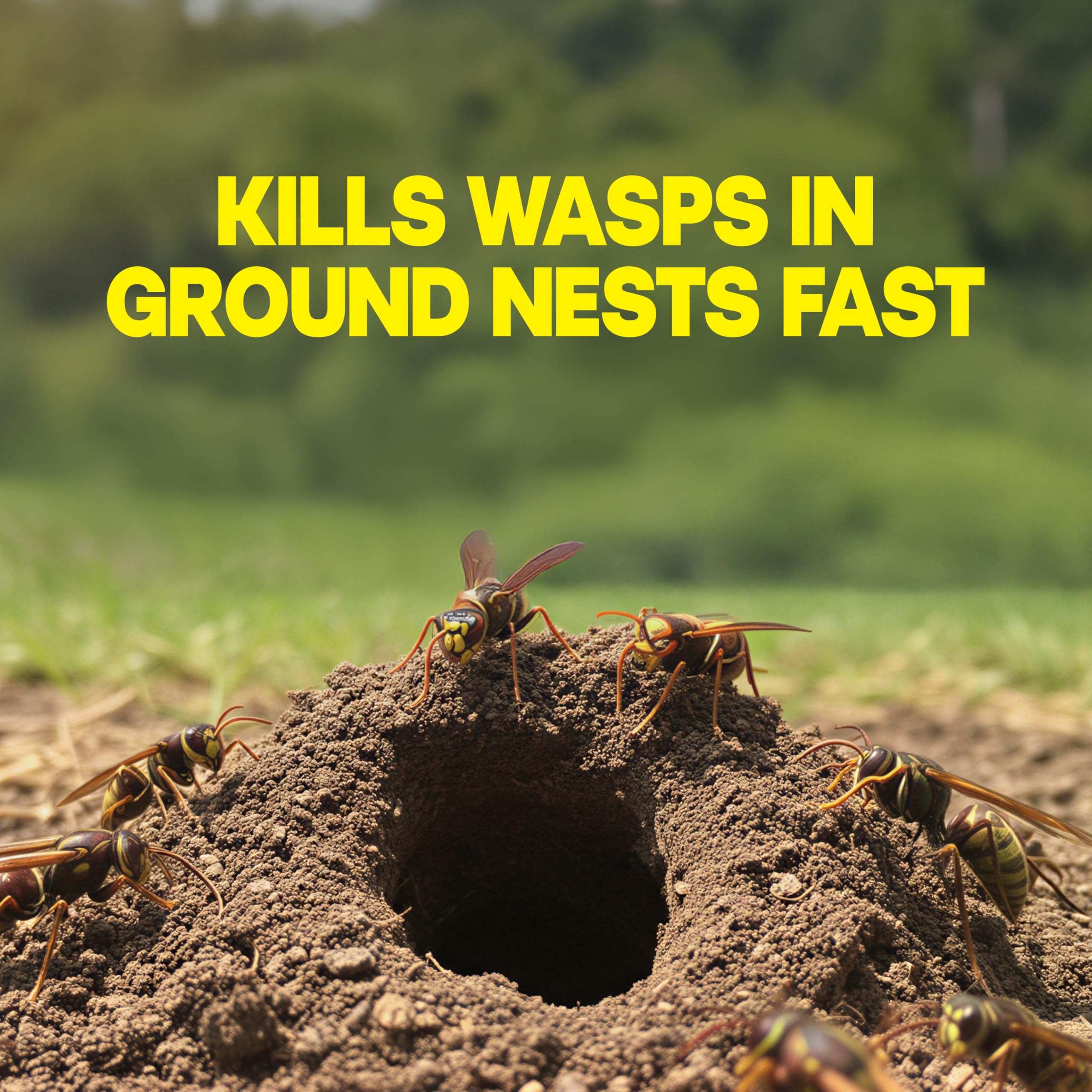 Raid dust being applied to a ground wasp nest entrance for quick knockdown.