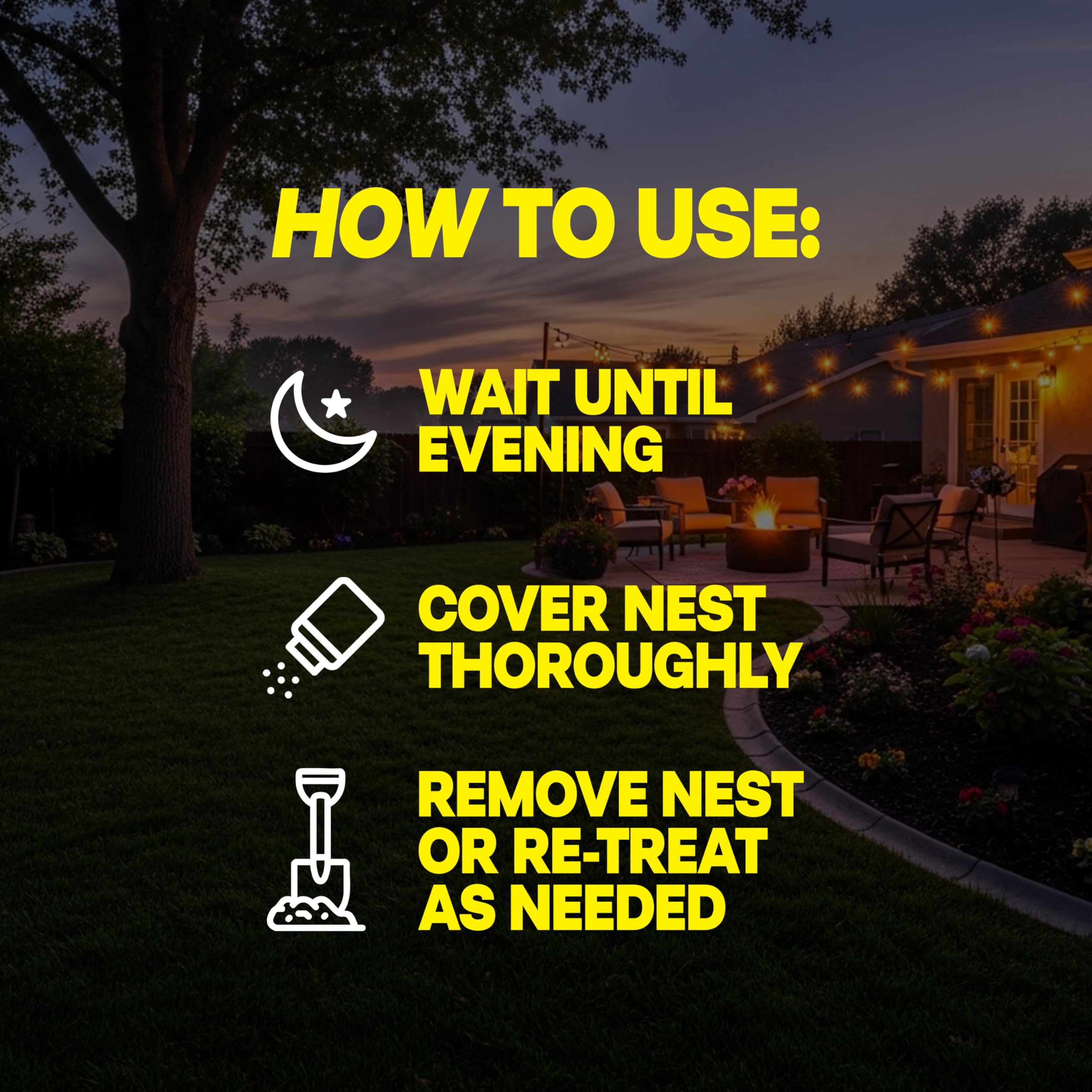 Evening application of Raid nest killer around a home exterior.